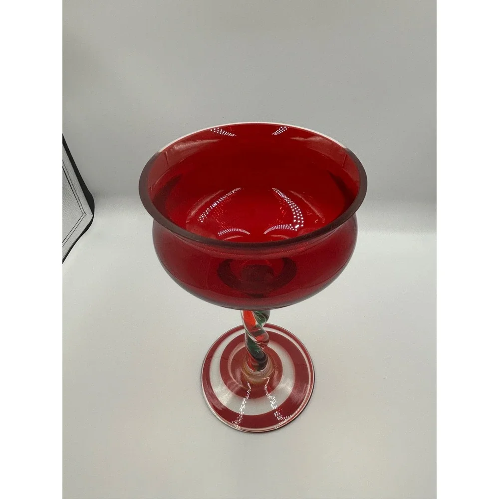 Hand Blown Poland Glass Goblet Red Green White Twisted Stem Spiral‎ Base Holiday